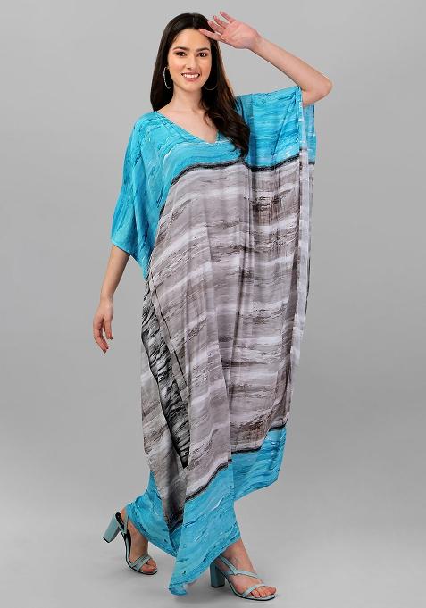 Multicolor Digitally Printed Feather Silk Kaftan