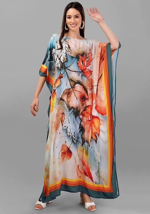 Multicolor Digitally Printed Feather Silk Kaftan