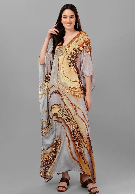 Multicolor Digitally Printed Feather Silk Kaftan