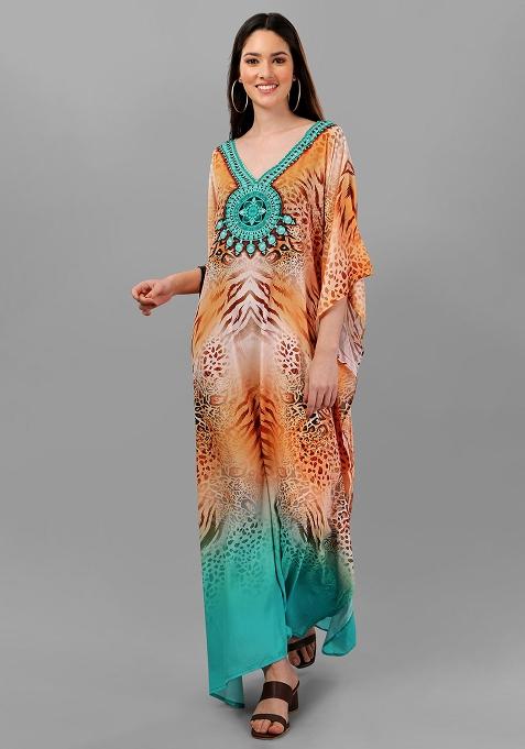 Multicolor Digitally Printed Feather Silk Kaftan