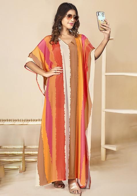 Multicolor Digitally Printed Feather Silk Kaftan