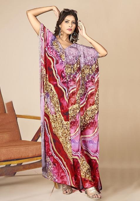 Multicolor Digitally Printed Feather Silk Kaftan