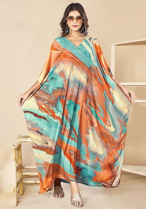 Multicolor Digitally Printed Feather Silk Kaftan