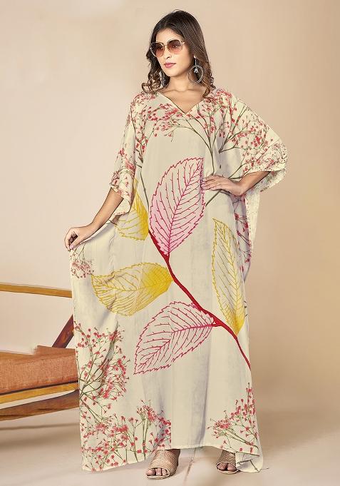 Multicolor Digitally Printed Feather Silk Kaftan