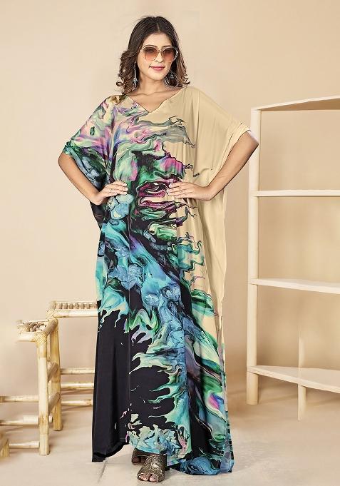 Multicolor Digitally Printed Feather Silk Kaftan