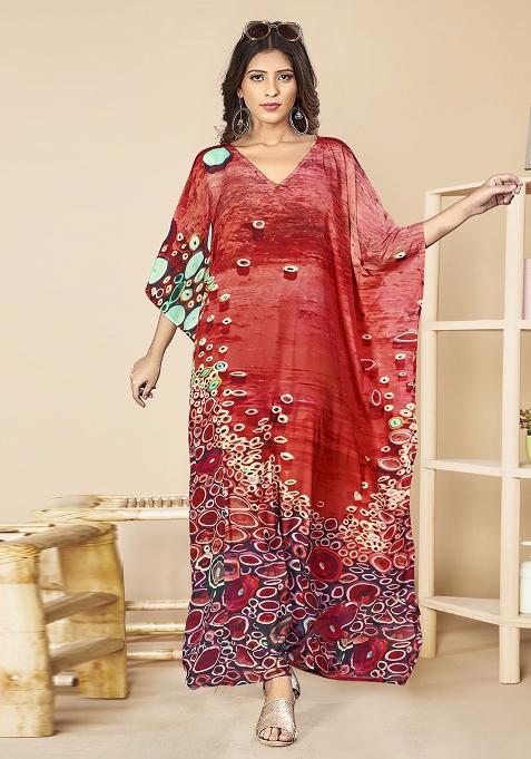Multicolor Digitally Printed Feather Silk Kaftan