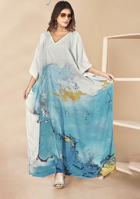 Multicolor Digitally Printed Feather Silk Kaftan