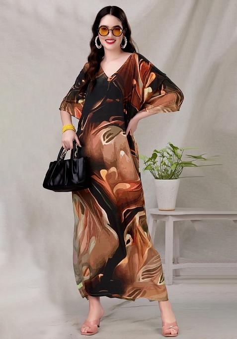 Multicolor Digitally Printed Feather Silk Kaftan