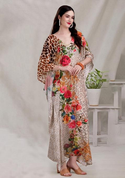 Multicolor Digitally Printed Feather Silk Kaftan