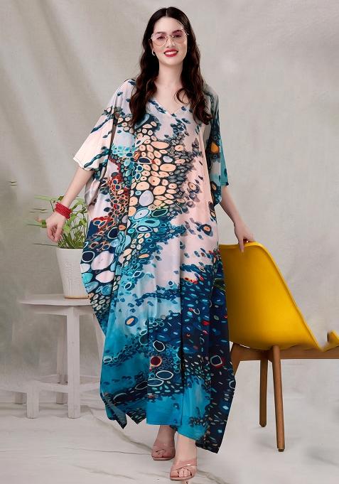 Multicolor Digitally Printed Feather Silk Kaftan