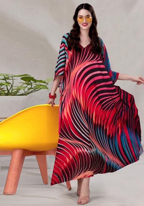 Multicolor Digitally Printed Feather Silk Kaftan