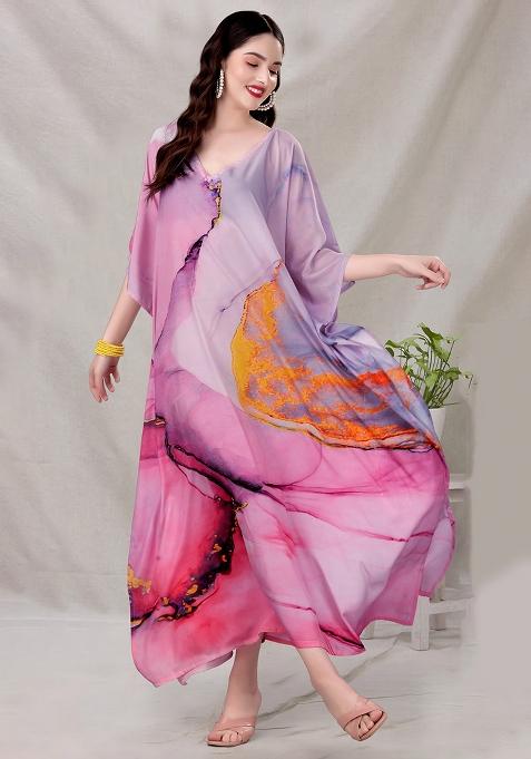 Multicolor Digitally Printed Feather Silk Kaftan