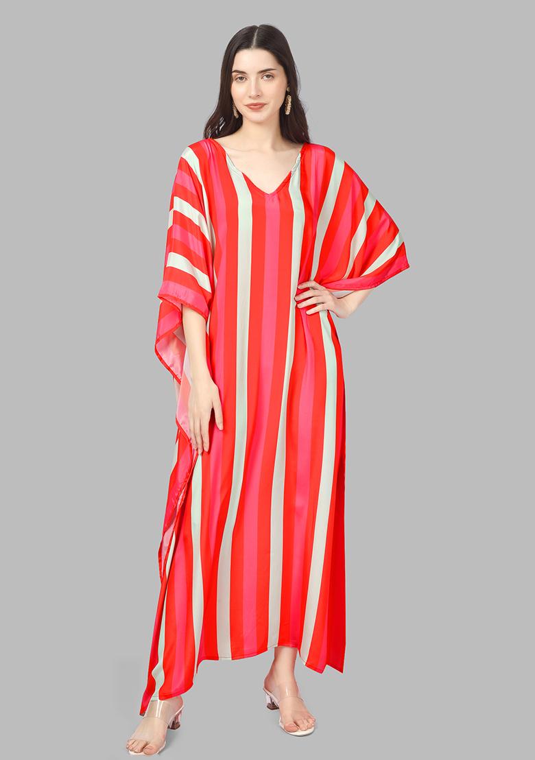 Multicolor Digitally Printed Feather Silk Kaftan - Indya