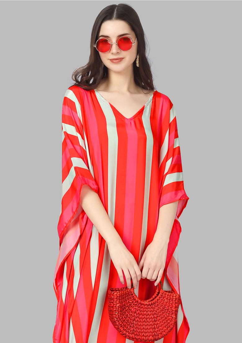 Multicolor Digitally Printed Feather Silk Kaftan - Indya