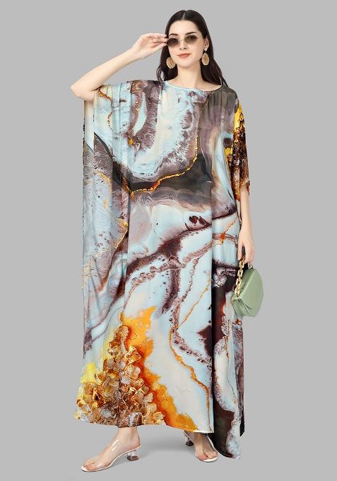 Multicolor Digitally Printed Feather Silk Kaftan