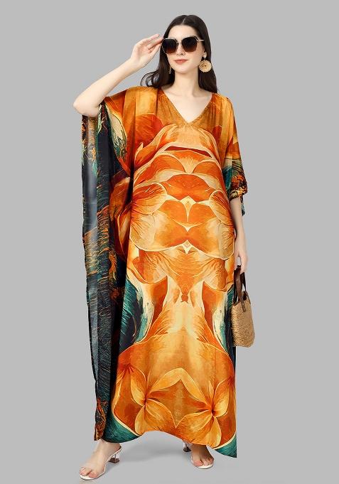 Multicolor Digitally Printed Feather Silk Kaftan