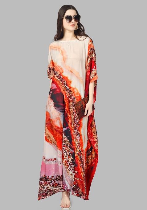 Multicolor Digitally Printed Feather Silk Kaftan