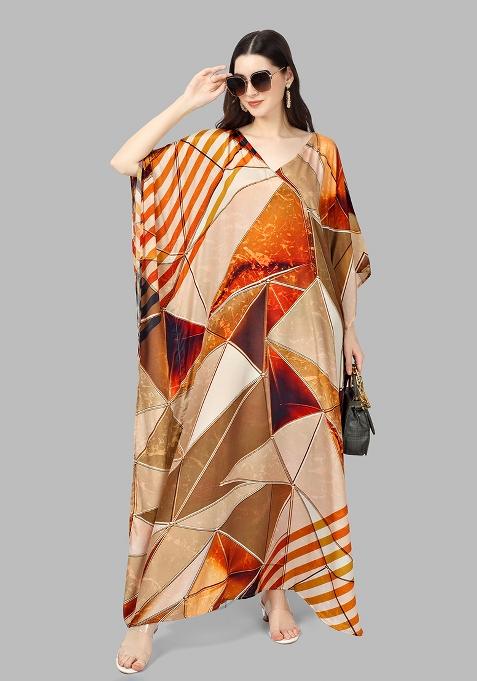 Multicolor Digitally Printed Feather Silk Kaftan