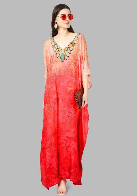 Multicolor Digitally Printed Feather Silk Kaftan