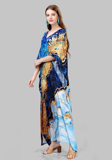 Multicolor Digitally Printed Feather Silk Kaftan