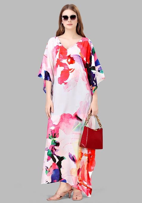 Multicolor Digitally Printed Feather Silk Kaftan