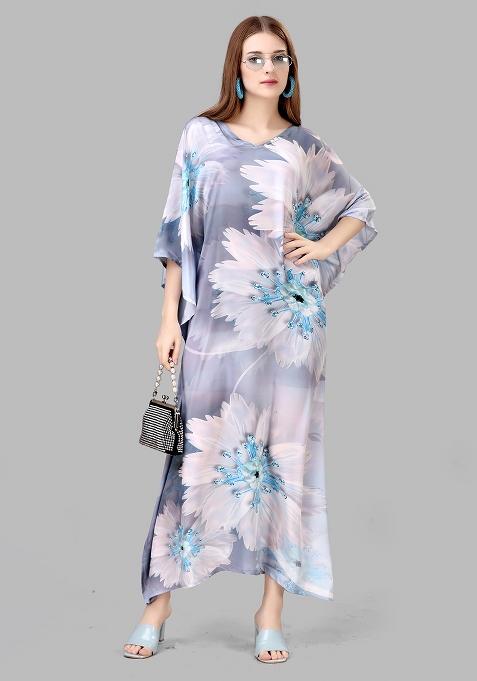 Multicolor Digitally Printed Feather Silk Kaftan