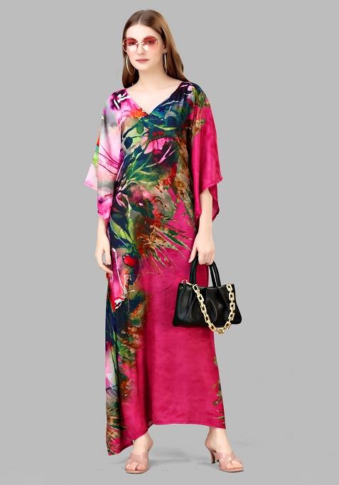 Multicolor Digitally Printed Feather Silk Kaftan