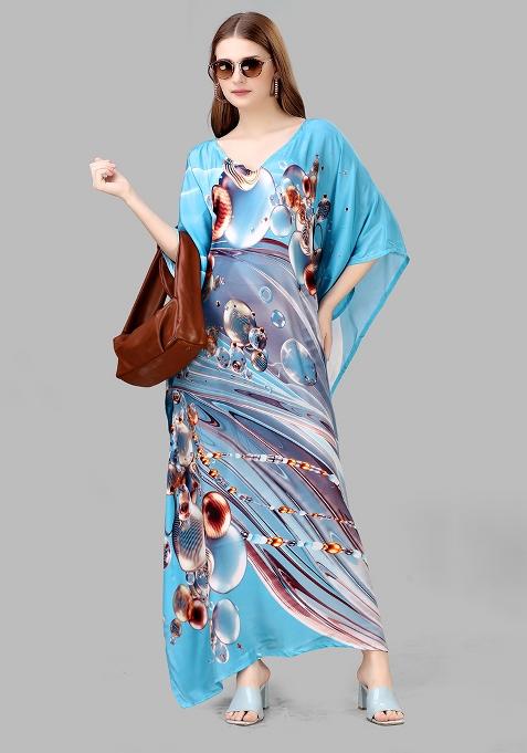 Multicolor Digitally Printed Feather Silk Kaftan
