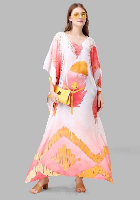 Multicolor Digitally Printed Feather Silk Kaftan