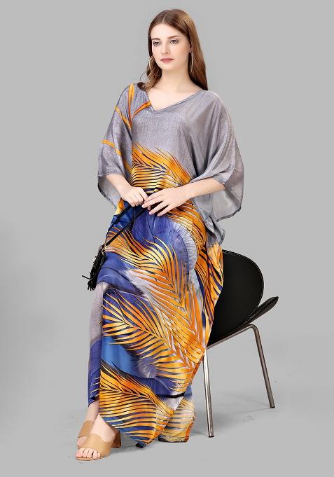 Multicolor Digitally Printed Feather Silk Kaftan