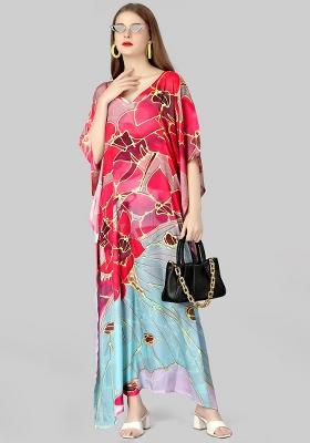 Multicolor Digitally Printed Feather Silk Kaftan