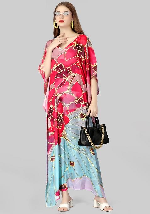 Multicolor Digitally Printed Feather Silk Kaftan