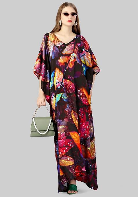 Multicolor Digitally Printed Feather Silk Kaftan