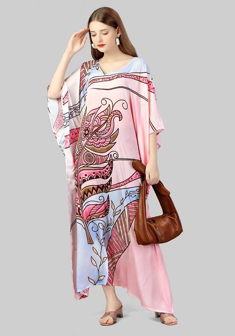 Multicolor Digitally Printed Feather Silk Kaftan
