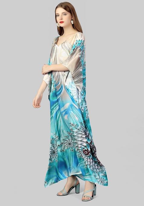Multicolor Digitally Printed Feather Silk Kaftan