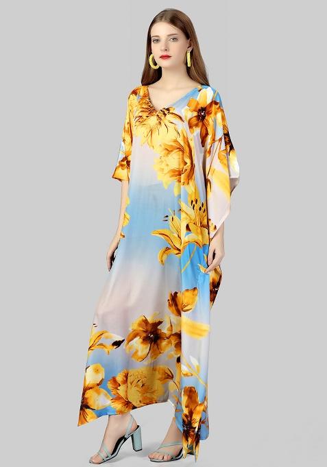 Multicolor Digitally Printed Feather Silk Kaftan