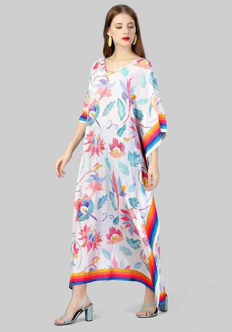 Multicolor Digitally Printed Feather Silk Kaftan