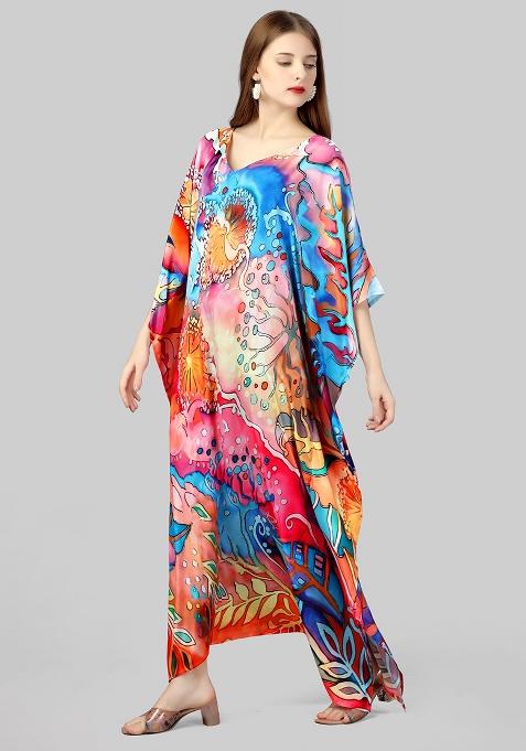 Multicolor Digitally Printed Feather Silk Kaftan