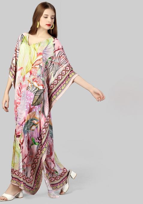 Multicolor Digitally Printed Feather Silk Kaftan