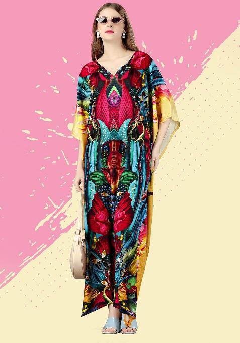 Multicolor Digitally Printed Feather Silk Kaftan