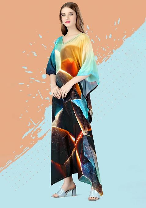 Multicolor Digitally Printed Feather Silk Kaftan