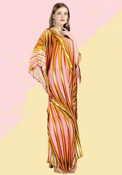 Multicolor Digitally Printed Feather Silk Kaftan