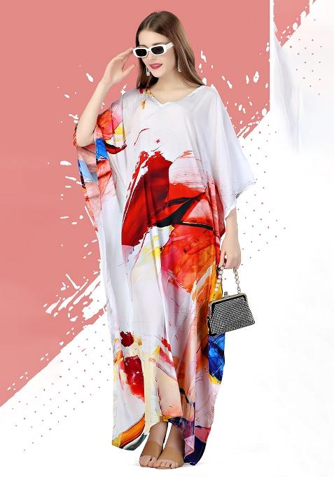 Multicolor Digitally Printed Feather Silk Kaftan