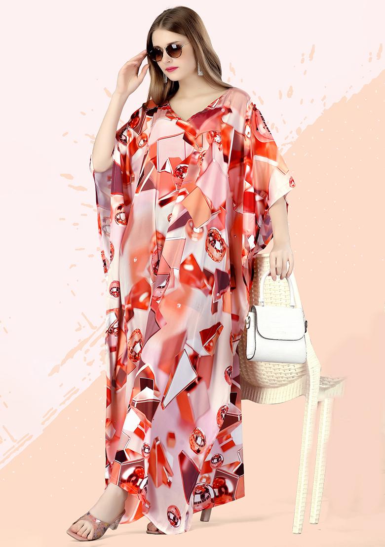 Multicolor Digitally Printed Feather Silk Kaftan - Indya