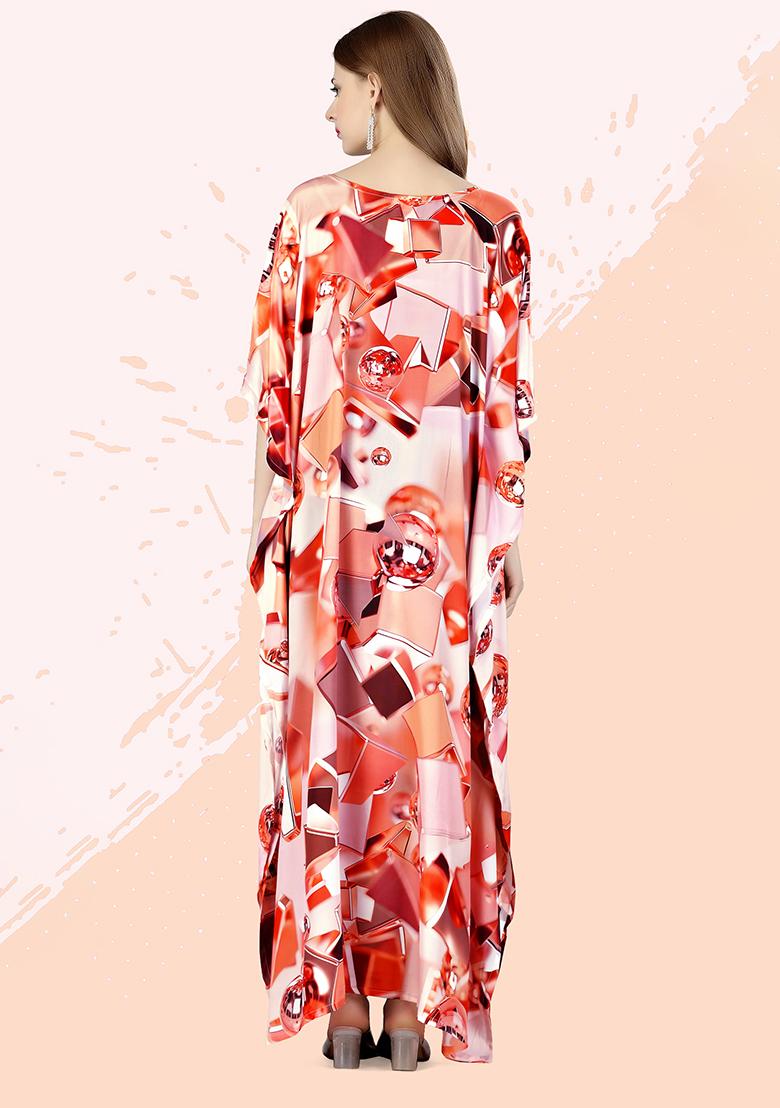 Multicolor Digitally Printed Feather Silk Kaftan - Indya