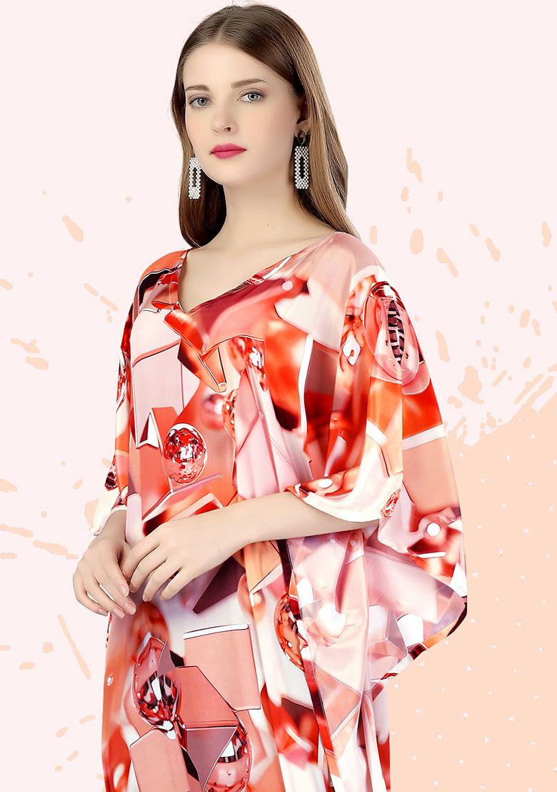 Multicolor Digitally Printed Feather Silk Kaftan - Indya