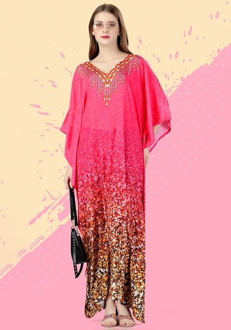 Multicolor Digitally Printed Feather Silk Kaftan