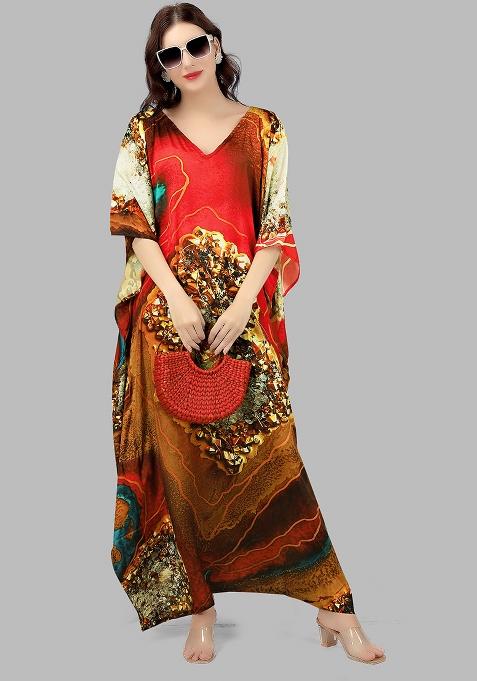 Multicolor Digitally Printed Feather Silk Kaftan