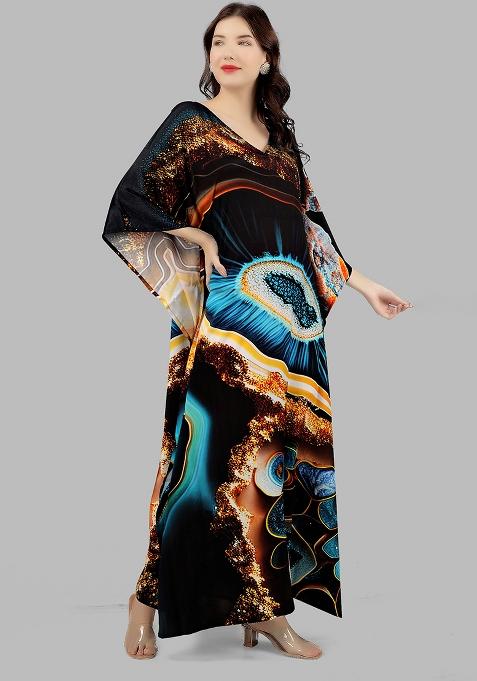 Multicolor Digitally Printed Feather Silk Kaftan