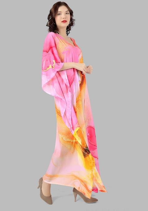 Multicolor Digitally Printed Feather Silk Kaftan